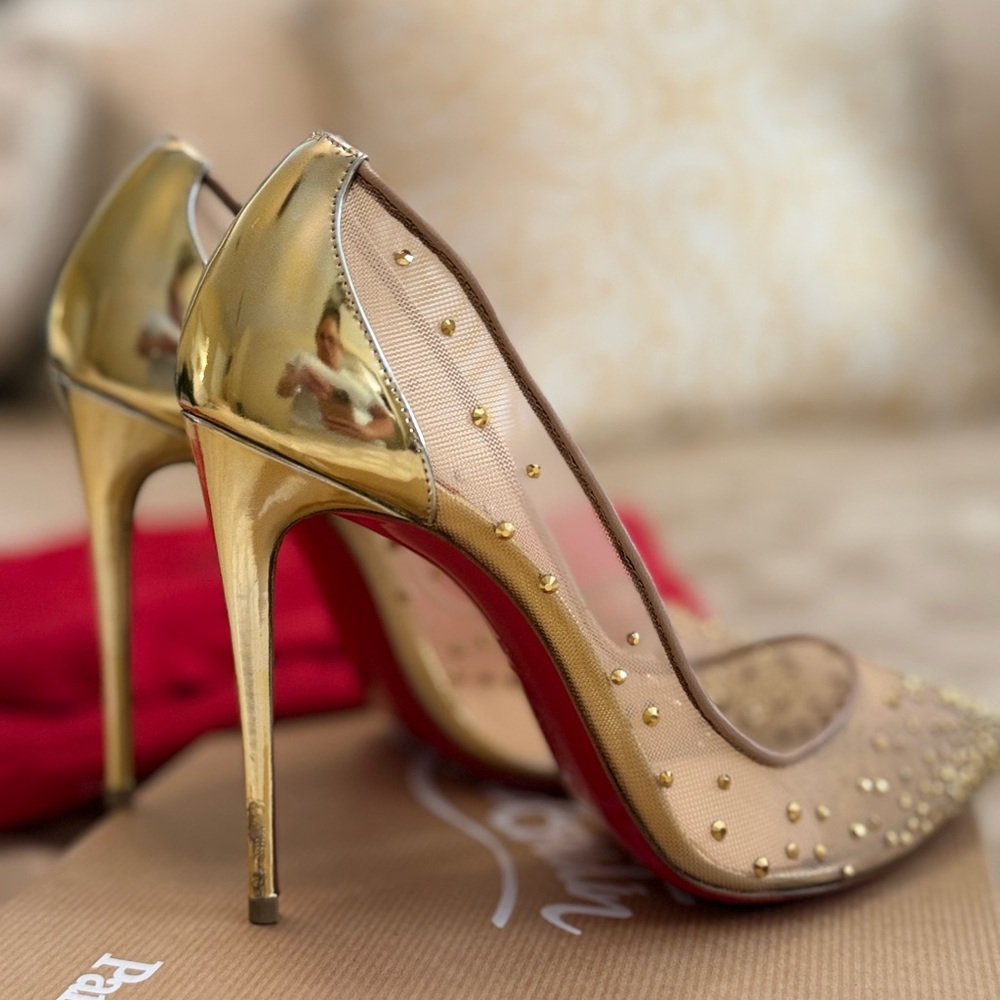 Christian Louboutin Gold and Beige Crystal Embelished Heels